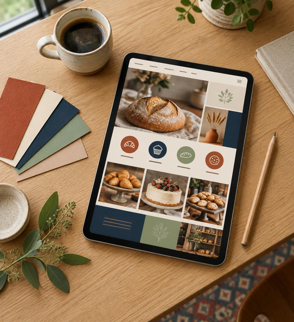 A tablet showing a warm, modern bakery website beside Good Ground Studio color samples